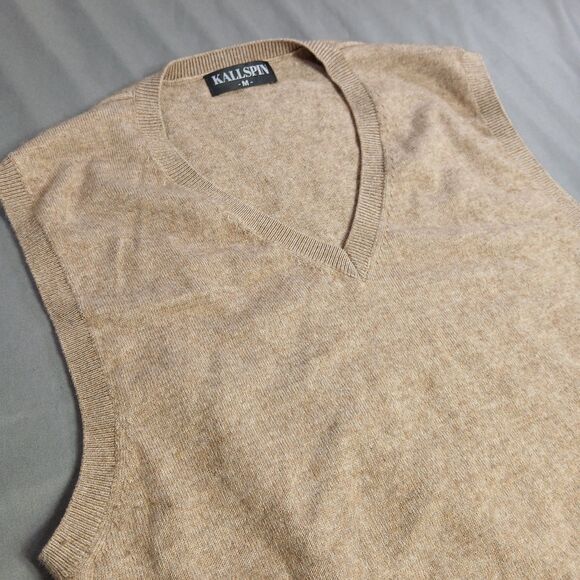 Kallspin Sweater Vest Mens M Cashmere Wool Classic Stretch Preppy Beige V Neck - Picture 4 of 9